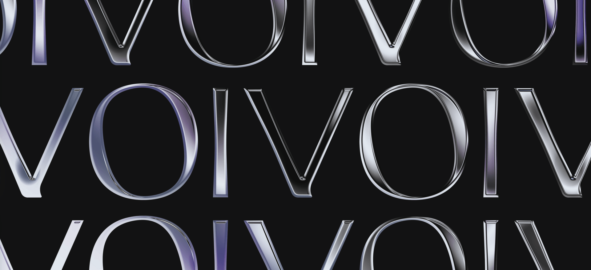 VOI logotype repeated in chrome and violet light on black