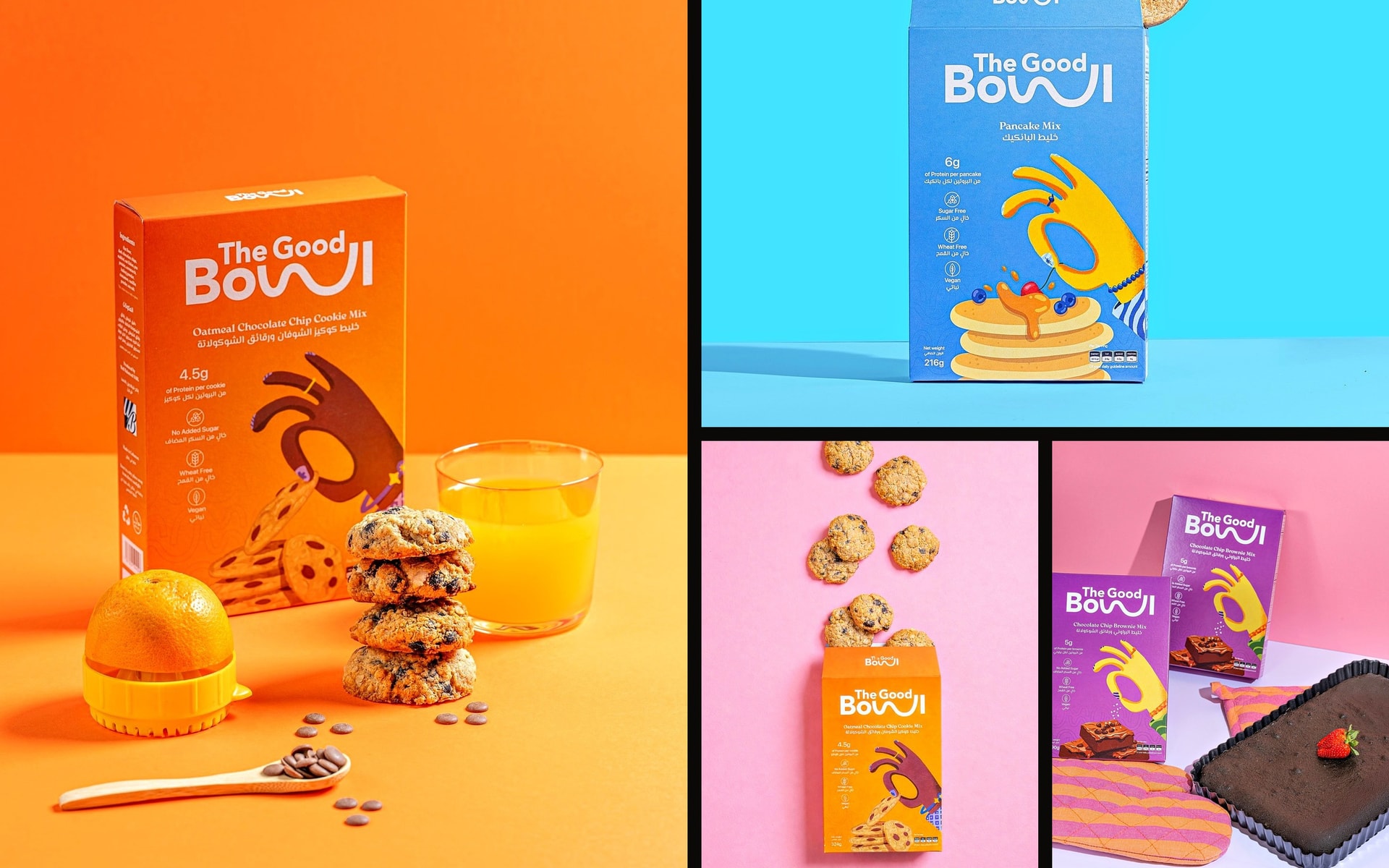 The Good Bowl packs on orange, blue and pink sets