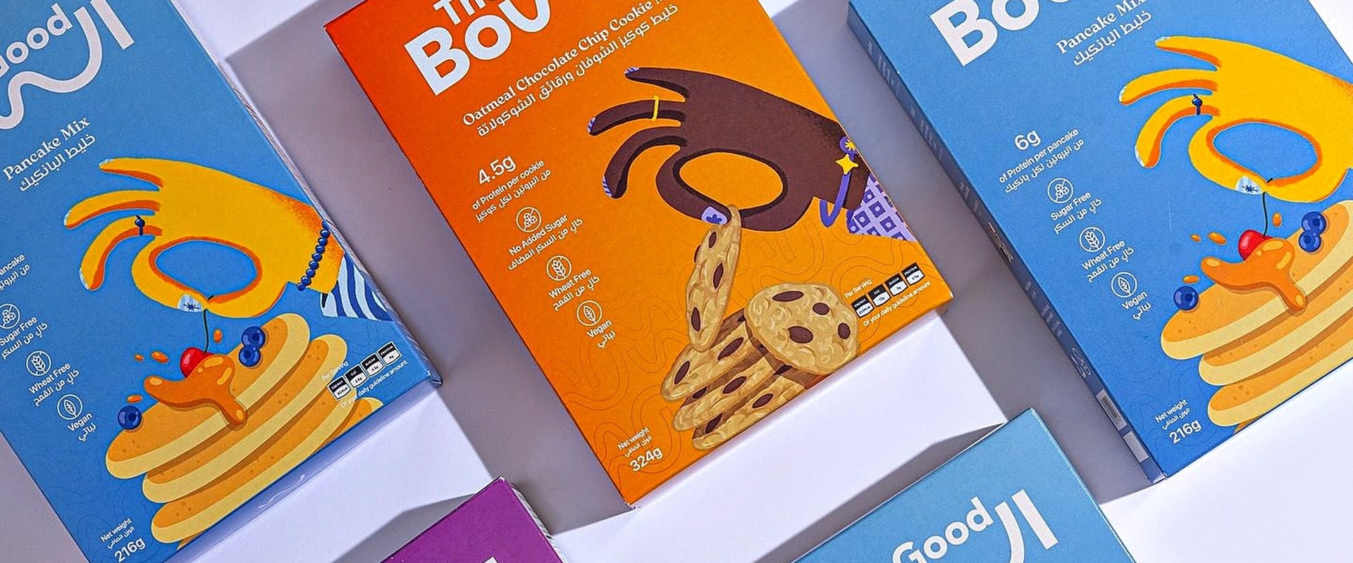 Rows of pancake and cookie mix packs