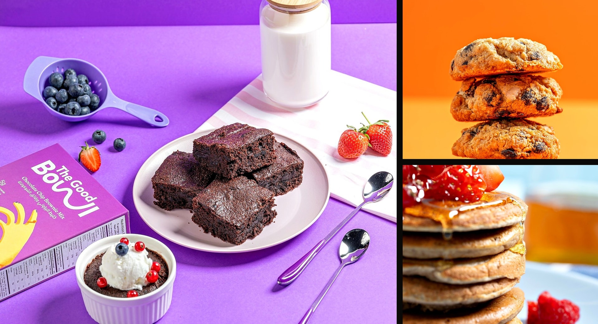 Brownies on purple, cookie stack on orange and pancakes with berries