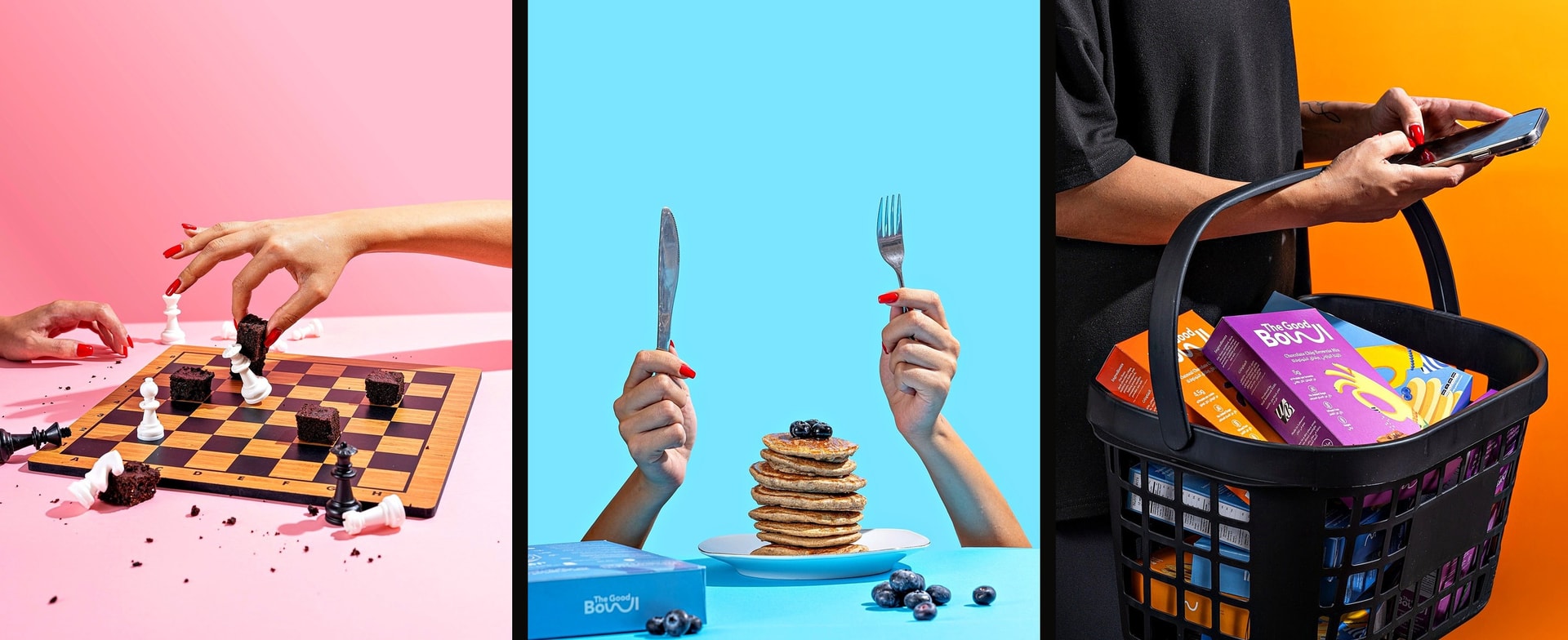 Brownie chess, pancakes with knife and fork, and a shopping basket of packs