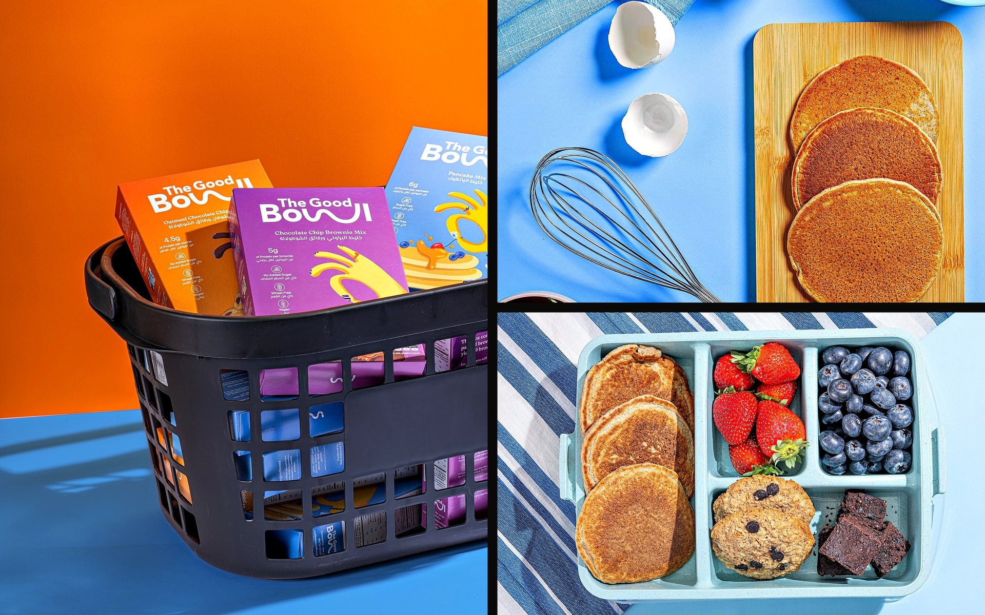 Basket of packs, pancakes on a board and a lunch box