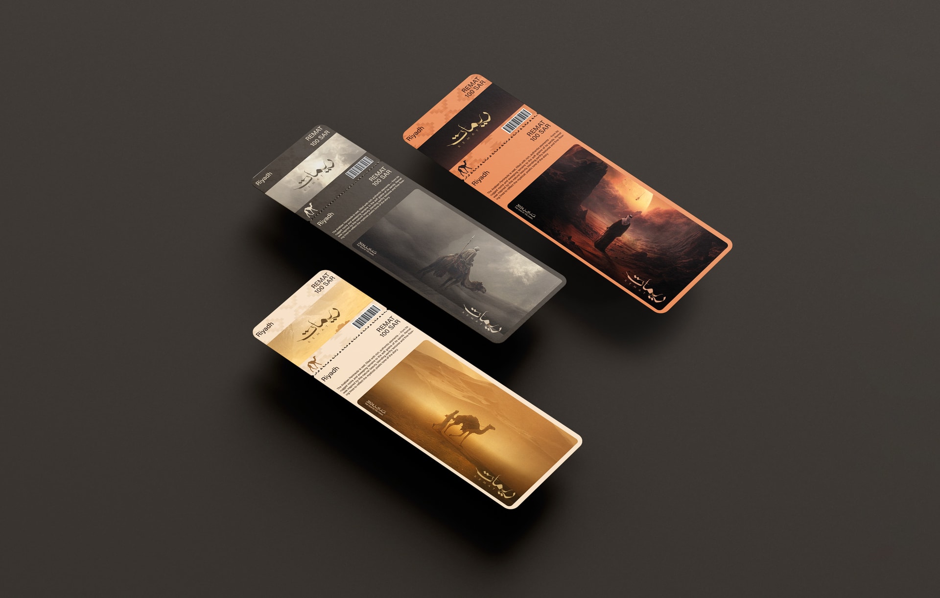 Three tickets in the three colourways